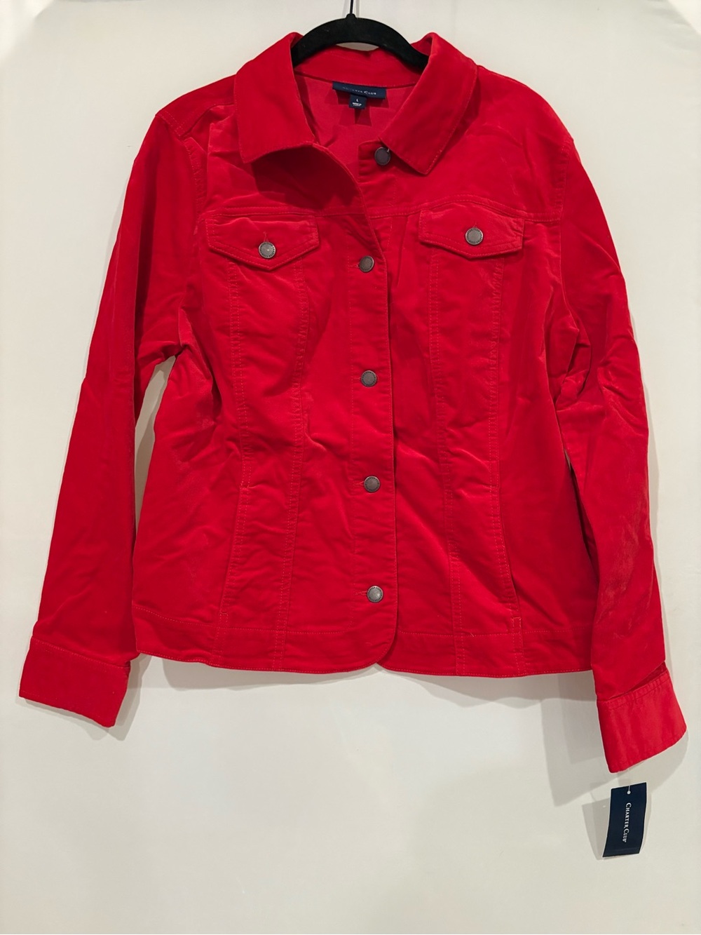 Charter Club Bright Red Velvet style Button-Front Jean Jacket